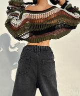 BOW LOOSE-FIT LAYERED NET SOFT CROPPED COLOR-BLOCK KNIT - 2 COLOR