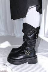 Buckle Leather Half Middle Boots