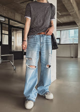 Piece Damaged Wide Denim Pants