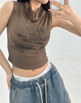 DAMAGE PRINT SLEEVELESS NECK SHIRRING TOP🤎🤍 - 2 COLORS