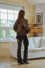 PAMELA LEATHER BOMBER JACKET / BROWN
