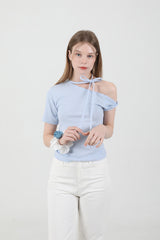 Off Shoulder Twist Half-Sleeve T-shirt Sky Blue