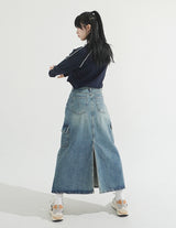 Back Slit Cargo Denim Long Skirt
