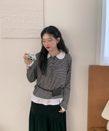 Round collar striped frill T-shirt
