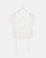 ZENNIE Round Collar Pintuck Lace Puffed Short-Sleeved Blouse