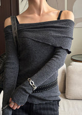 Unbalance cutting off shoulder knit(3color)