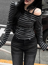 26SS★ [MADE] One-Shoulder Open Stripe Tee