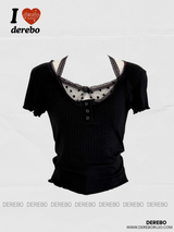 Black Layered Halterneck Strap Short Sleeve T-shirt