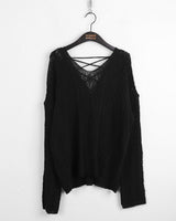 Seomit punching two-way eyelet back strap V-neck overfit long sleeve knit
