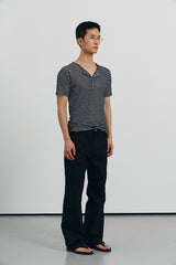 Sheer stripe ribbed henley half sleeve(Black)