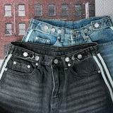 Gradient washing waist strap adjustable string three stripe track denim pants (2 colors)