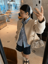 No Collar Round Tweed Loose Fit Jacket