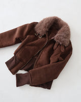 Fur collar high neck slim fit short suede coat