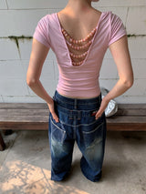 Reversible Back Strap Pink Beads Short Sleeve Tee