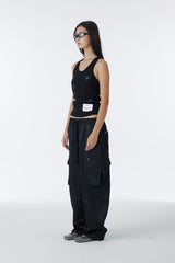 SATIN WIDE CARGO PANTS	(BLACK)