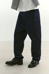 ナチュラルハイウェストバギーフィットデニムパンツ (Navy)