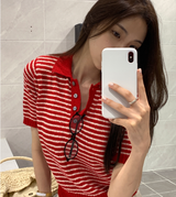 Slow Collar Striped Short Sleeve Knit / 5 Colors