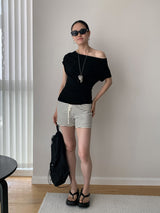 Design Open Shoulder Slim スパンデックス半袖Tシャツ