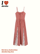 Red cherry checkered lace sleeveless long dress