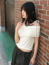 Sirom Ribbon Strap Ribbed Off Shoulder Short Sleeve T-Shirt
