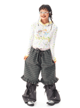 sillysis 青いチェック柄のレースドローストリングポケットパンツ、ゆったりデザイン、金属ボタン、ワイドレッグカジュアルパンツ