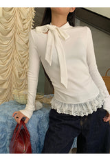 half turtleneck strap lace frill long-sleeve t-shirt