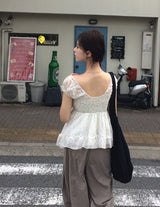 Rijin Flower Frill Flare Chiffon Blouse