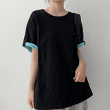 Loose fit💛 Button roll-up color-block short-sleeve tee (6 colors) 