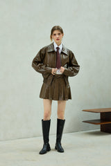 MOLLY LEATHER PLEATS SKIRT PANTS / BROWN