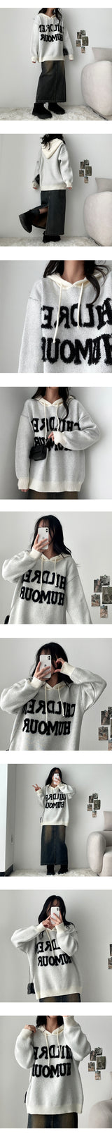 ロングバーボクシー刺繍入りウールレタリングフード付きニットウェア