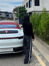 Gradient washing waist strap adjustable string three stripe track denim pants (2 colors)