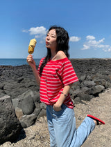 [MADE] Spool Stripe Unbalanced Off-Shoulder T-Shirt