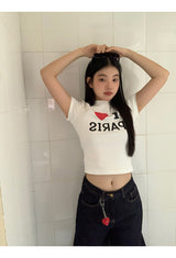 I LoveショートスリーブラウンドスパンデックスTシャツ