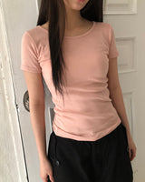 モジュ Uネック スリム ラウンド ショートスリーブ Tシャツ