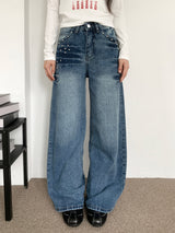 Rivet eyelet punching washed wide denim pants (Denim)