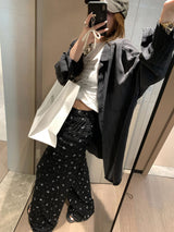 Lace ribbon banding wide pants
