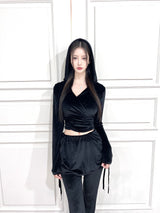 1073. Velvet V wrap hood top (3color)