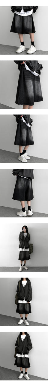 A.D washing side pintuck over wide denim shorts