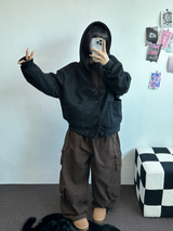 FLEECE/STRING TWO CARGO RIVET WIDE BALLOON LONG PANTS💚🤎🖤🩶4COLOR