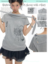 BETWEENAND  Original summer design with a unique look; gray collar, versatile short-sleeve T-shirt for women