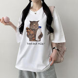 Renko overfit cat lettering printing short sleeve t-shirt