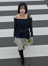 バレットオフショルダーアンバランスミニドレス (NAVY)