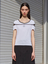 [LINE] Slit Pipping Print T-shirt (Ivory)