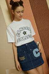 Sky Blue C Patch medium Blue Denim Mini Skirt [For women]