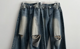 Andy Knee Damage Cutting Deep Washed Denim Wide Pants