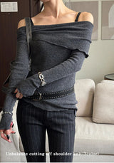 Unbalance cutting off shoulder knit(3color)