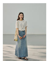 Minimal Vintage Washing Embroidered Denim Pencil Skirt