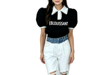 カラー レタリング プリント パフスリーブ スリムフィット Tシャツ