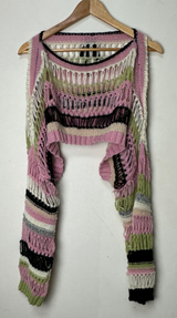 BOW LOOSE-FIT LAYERED NET SOFT CROPPED COLOR-BLOCK KNIT - 2 COLOR