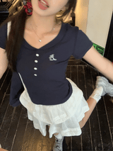 Short Sleeve Button Slim Ribbed Short Sleeve Tee
